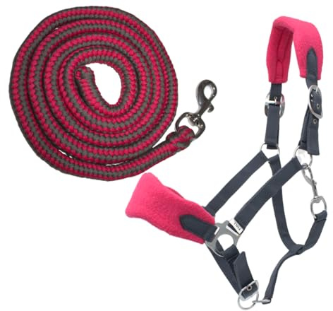 PFIFF 103103 Halfter-Set „Sunny“, 3-teiliges Set aus Halfter, Strick und Fliegenfransen, individuell anpassbar, Grau-Rosa, Pony