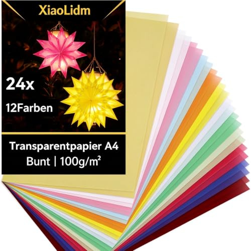 XiaoLidm Transparentpapier Bunt A4, 12 Farben inkl. Gold & Silber, 100 g/m² Pergamentpapier Bunt zum Bedrucken, Buntes Faltpapier Transparent von Laternen& Sterne, 24 Blatt