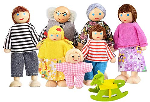 Watme 7-köpfige Puppenhaus Puppen, Puppenfamilien für Kinder Spiel Haus Geschenk Holz
