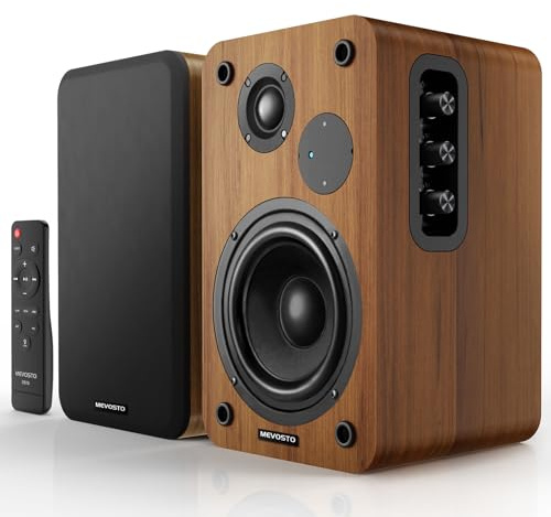 MEVOSTO Aktive Regallautsprecher 36W RMS | Kabellose BT 5.4 PC Lautsprecher mit 5'' Woofer | USB-Digital Audio, Einstellbarer Bass & Höhen, Studio Monitor mit RCA für Plattenspieler & TV - Holzoptik