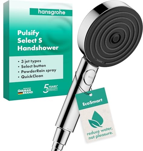 hansgrohe Pulsify Select S - wassersparender Duschkopf 6,9 l/min (EcoSmart), Handbrause mit 3 Strahlarten, 105 mm Duschbrause, Sparduschkopf mit Antikalk-Funktion, Chrom, 24111000