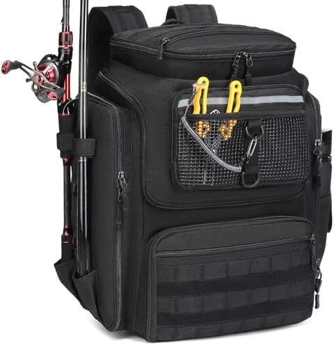 BlesMaller Angelrucksack mit Rutenhaltern & Kühlfach 45L große Angeltasche wasserabweisend Angelausrüstung Rucksack für Spinnfischen Wandern Camping