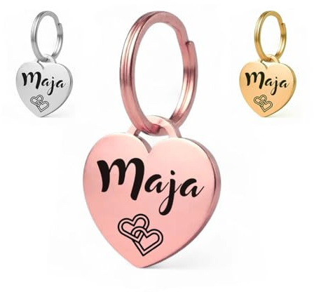 Herz Hundemarke mit Gravur | Personalisiert mit Name, Telefonnummer, Adresse, Wunschtext | 25 mm robuster Edelstahl Dog Tag, Namens-Anhänger für Hunde-Halsband