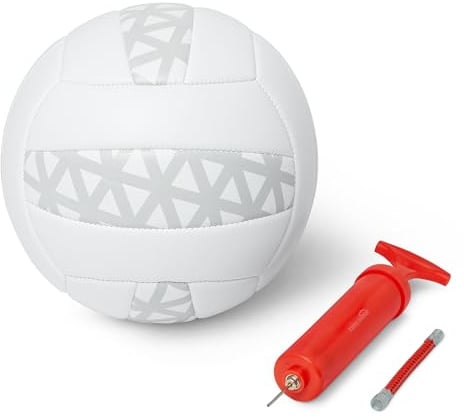 Amazon Basics Größe 5 Indoor Outdoor Volleyball mit Pumpe – PVC Leder Trainingsball mit verstärkten Nähten und Butylblase, Weiß und Grau
