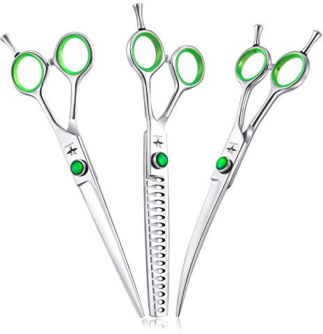 PURPLEBIRD Hundeschere Set 7 inch Gerade Gebogen Chunker 440C | 3 Scheren: Gerade, gebogen, Chunker 18 Zähne. Stumpfe Spitze. Für Hunde & Katzen. In Ledertasche, Salon & Zuhause.