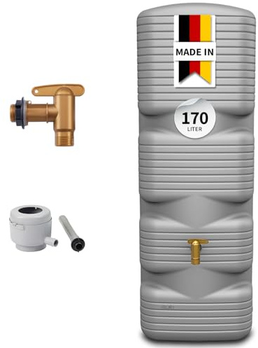 4rain Quadro Regentonne Wandtank Komplett-Set 170 Liter betongrau inkl. Kunststoff-Auslaufhahn und Fallrohranschluss - schmale Lösung am Haus - klare Optik in Betongrau - für Enge Plätze geeignet