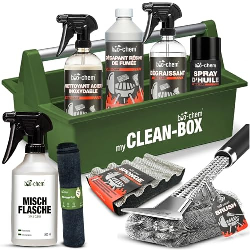 bio-chem Grill Reinigungs- & Pflegeset Profi Box 9-teilig: Rauchharzentferner 1L + Fettlöser 750ml + Edelstahlreiniger 750ml + Anti-Haft Spray 200ml + Grillbürste & Zubehör