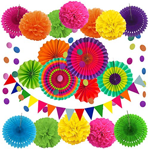 ZERODECO Party Dekoration Papier Pompoms, Aufhängen Fächer, Dreieckige Wimpel und hängende Glitter Punkt Girlande für Party Hochzeit Geburtstag Festival Weihnachten Event Mexikanische Fiesta 21 Stück