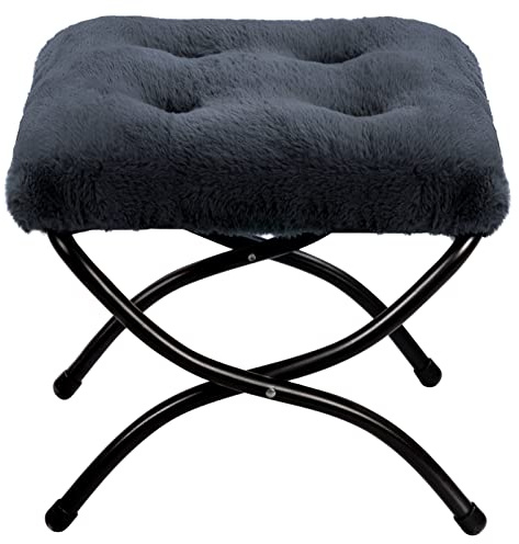 HollyHOME Fußhocker Klappbar Fußablage Fußstütze Faltbar Fusshocker | Sitzhocker mit Metallbeinen Abnehmbar Gepolsterte Sitzfläche Indoor Outdoor, Plüsch Dunkelgrau