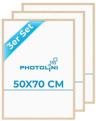 PHOTOLINI Bilderrahmen 50x70 Holz MDF Natur 3er Set, 50x70 cm Bilderrahmen groß, Rahmen 70x50 Puzzle, bruchsicheres Acrylglas, picture frame zum Aufhängen, Fotorahmen für Fotos, Puzzle & Poster