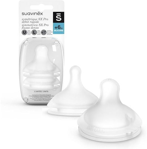 SUAVINEX 307388, Packung mit 2 symmetrischen Sauger aus Silikon SX Pro, Dichtmasse für Milch oder dichte Flüssigkeiten, 6 Monate, mit Antikolik-System