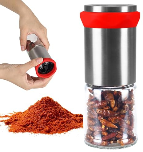 KLOP256 100ML Chilischneider, Chilimühle aus Edelstahl & Glas, 17.5cm Höhe Gewürzschneider | Chilimühle Pepe | Salzmühle | Schneider für Gewürze