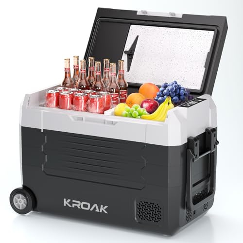 KROAK 45L Kompressor Kühlbox mit Rollen, 12/24 V 230V Elektrische Gefrierbox Klein Gefrierschrank -20℃~20 ℃, Tragbarer Kühlschrank für Auto, Camping, Lkw, Reisemobil, Steckdose