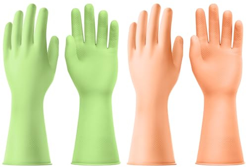 AUAUY 2 Paar Wiederverwendbare Haushaltshandschuhe, Hautsympathische Handschuhe mit Rutschfestem Griff, Wasserdicht Gummihandschuhe für Küchenarbeit Haushaltsreinigung Geschirrspülung (Grün+Orange-L)