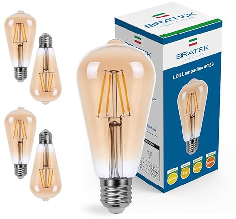 Bratek 4 Vintage-Lampen E27 Warmweiß 2700K Bernsteinfarben, 8W 800 Lumen – E27 LED-Filamentlampen in tropfenförmiger ST58-Form, transparent, entspricht 90W Glühlampe oder 80W Halogenlampe
