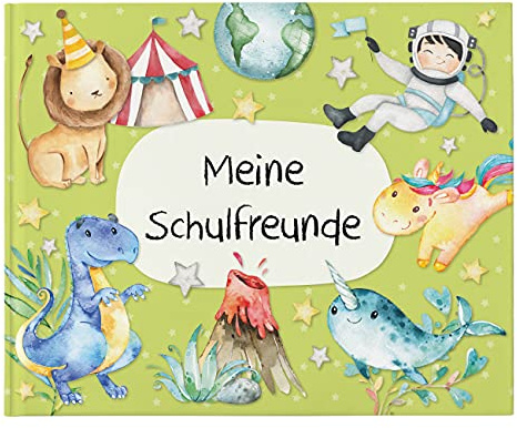 Papierdrachen Freundebuch Schulfreunde Grün | Bunt - Kindergerechtes Design - Einschulung - 31 Freunde - UV Druck - Geschenkidee - Hardcover-Umschlag