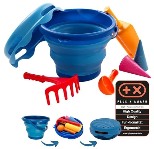 Schildkröt 7in1 Sand Toys Set, innovatives Sand-Spielset im Handtaschenformat, kompakt und platzsparend, Faltbarer 3 Liter Eimer mit 6 Sandspielzeugen zum Graben, Formen, Sieben und Rechen, 970244