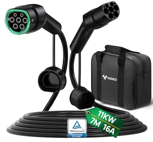 GONEO Typ 2 Ladekabel 11kW 7M 16A Ladekabel Elektroauto Typ 2 3 Phasig für E Auto EV/PHEV Mode 3 mit Tasche Geeignet für S/3/X/Y e-Golf ID.3 i3/i8