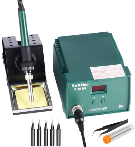 80W Lötstation 938DS Digital Lötset für Elektronik Reparatur | mit 5 Lötspitzen, Lötdraht & Pinzette