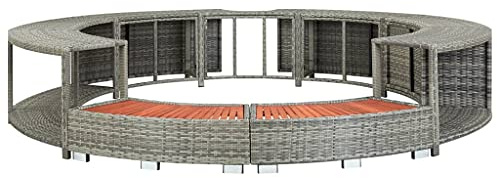 KOIECETA Whirlpool Umrandung mit Stauraum Rund Poolumrandung Poolverkleidung für Spa Grau Poly Rattan Stahlrahmen Eukalyptus-Hartholz, (V31009)