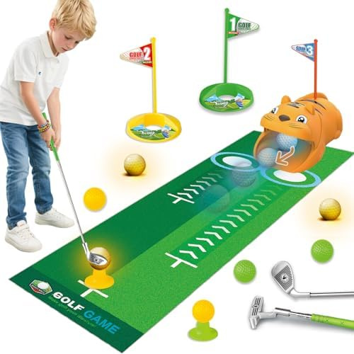 Ysityum Kinder Golfspielzeug,Golf SpielsetEnthält Eine Golfmatte, 3 Golfschläger, 8 Bälle, 2 Übungslöcher und 3 Golfflaggen,Jeder Veranstaltungsort Kann Genutzt Werden