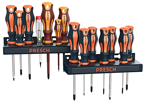 Presch Schraubenzieher Set 14 tlg VDE-GS geprüft - Magnetischer XXL Schraubendreher Satz mit Wandhalterung und Spannungsprüfer - Profi Schraubendreher Set mit Halterung
