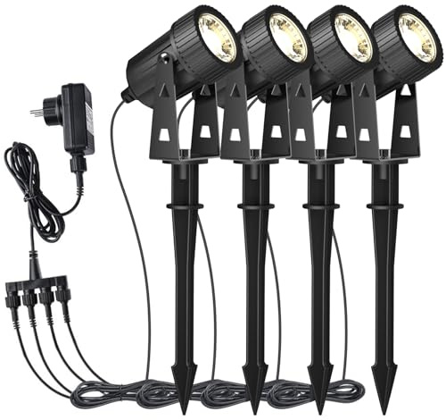 GEEDIAR LED Gartenbeleuchtung, 4 Stücke, Warmweiß 3200K Gartenleuchte mit Erdspieß, IP65 Wasserdicht LED Gartenstrahler mit Stecker, Gartenlampe für Außen Garten Rasen Dekorative