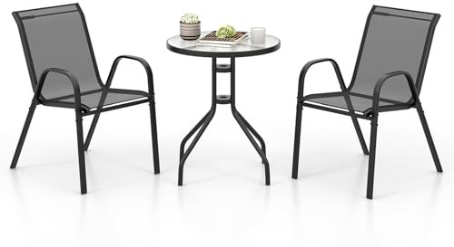 GOPLUS Bistro Set 3 teilig, Ø60cm Bistrotisch mit 2 Stühle stapelbar, Balkonmöbel inkl. Glastisch & Bistrostühle, Gartenmöbel Balkonset, Sitzgruppe Outdoor für Garten Balkon Hof Balkon (Schwarz)