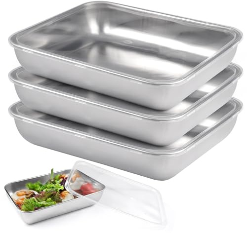 3-Teilig Panierschalen Set, 25x20x5 cm Backblech Edelstahl Auflaufform | Panierstraße mit Deckel,Edelstahl Schale Rechteckig,Metall Schale zum Panieren,Panier-Set für Schnitzeln,Fisch,Früchte,Gemüse