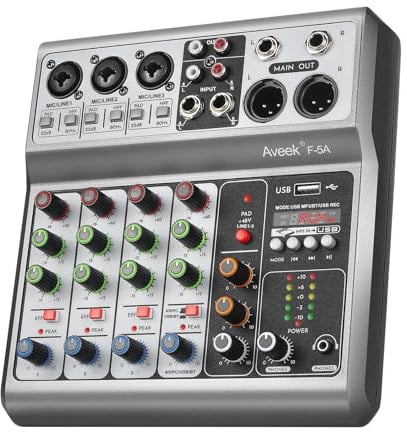 Aveek Professioneller Audio-Mixer, Soundboard-Mischpult mit 5-Kanal-Digital-USB-Bluetooth-Hall-Delay-Effekt, Eingang 48 V Phantomspeisung, Stereo-DJ-Mixer für Aufnahmen, Live-Streaming, Podcasting