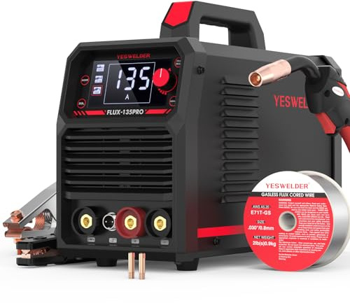 YESWELDER 135A MIG Fülldraht Schweißgerät ohne Gas, Große LED-Digitalanzeige 230V SYNERGIC-STEUERUNG Fülldrahtschweißgerät Flux MIG/Lift TIG/Stick MMA 3-in-1 Schweißgerät IGBT Inverter Schweissgerät