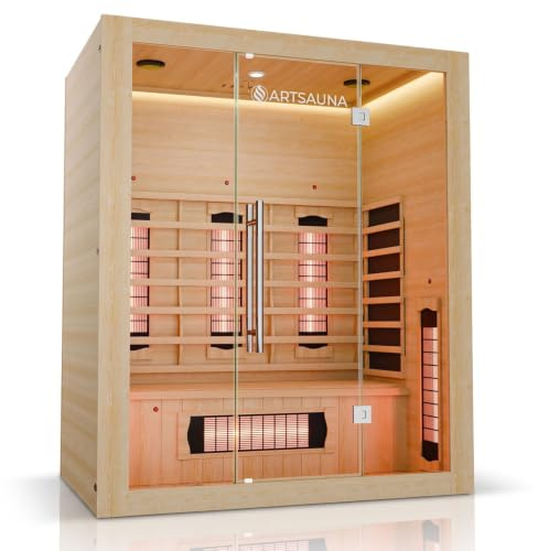 Artsauna Infrarotkabine Kiruna160 mit 6 Vollspektrum- & 3 Flächenstrahler, 3 Personen, 160x105x190 cm, LED Farblicht & Glastür, Infrarotsauna Sauna