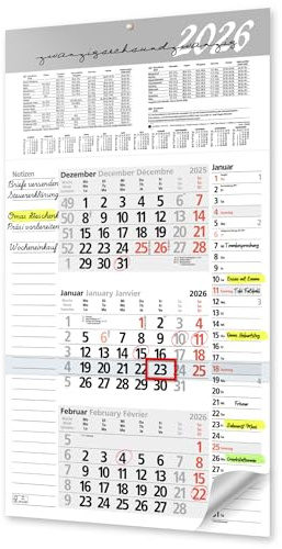 3 Monatskalender 2026 Wandkalender mit Datumsschieber und Notizen – Kalender 2026 Wandkalender 3 Monate groß Terminplaner mit Schulferien, Notizen und Streifenkalender, 56 x 30 cm