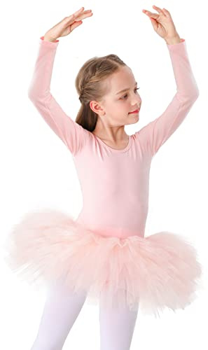 Bezioner Kinder Ballettkleidung Tütü Ballettkleid Mädchen Baumwolle Balletttrikot Kurzarm Ballettanzug Tanzbody mit Rock (130 (120-130 cm, 5-7 Jahre), Rosa Langarm)