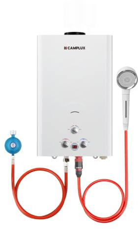 CAMPLUX 16 Liter Gasdurchlauferhitzer im Freien, 50mbar Tankless Gasdusche mit Gasregler, Propanga/Butangas, für Campingdusche/Wohnmobilausflug/Waschpferd, BW422-DE
