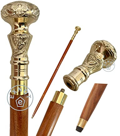 EXNOT Vintage Gehstock mit Messinggriff im viktorianischen Stil, faltbar, aus Holz, ideal als Geschenk