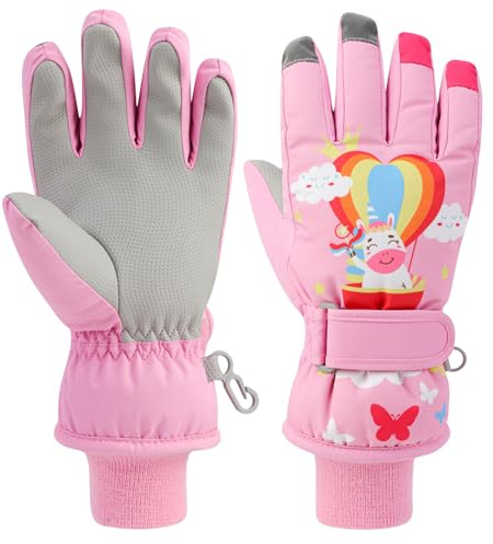 QKURT Kinder Schneehandschuh Kinder Skihandschuh Winter Winddichter Thermohandschuh Rutschfester Sporthandschuh Rippstrick Langer Stulpe Outdoorhandschuh geeignet für 2-13 Jahre alte Mädchen