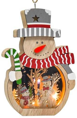 Weihnachtsdekoration Schneemann aus Holz mit integriertem LED Licht, 17cm Handgemachte Schneemann Deko für Tisch, Fenster oder zum Aufhängen, Weihnachtsornamente, Party-Dekor und Geschenke