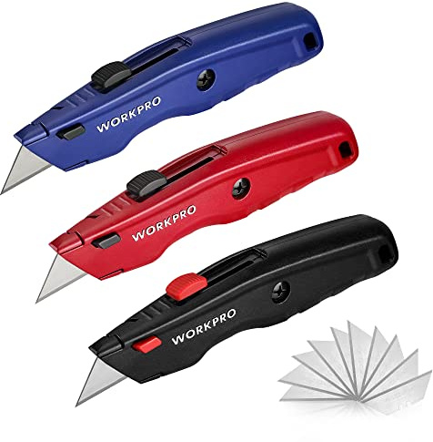 WORKPRO Premium Teppichmesser-Set, Einziehbares Universalmesser mit Robustem Metallgehäuse, Schnellwechselklinge, 10 Ersatzklingen, 3er-Set (Schwarz, Rot, Blau)