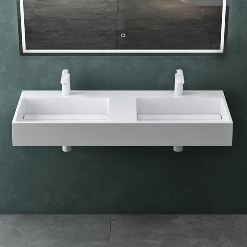 Mai & Mai Waschbecken Aufsatzwaschbecken Hängewaschbecken Col12 Doppelwaschbecken 120x48x13cm Waschtisch Waschplatz in weiß aus Mineralguss ohne Überlauf