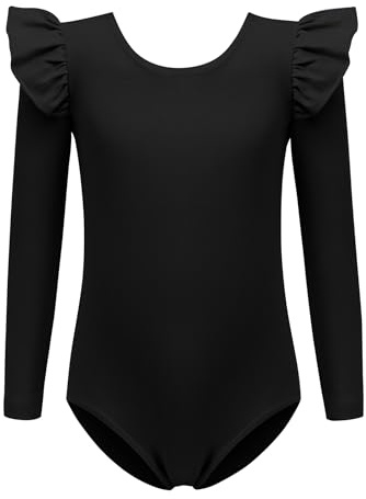 Arshiner Mädchen Einfarbig Gymnastikanzug Flatterärmel Turnanzug Kinder Langarm Gymnastik Ballett Trikot Klassisch Tanzender Leotard Gymnastik Outfit für Mädchen Schwarz 130 3-4 Jahre