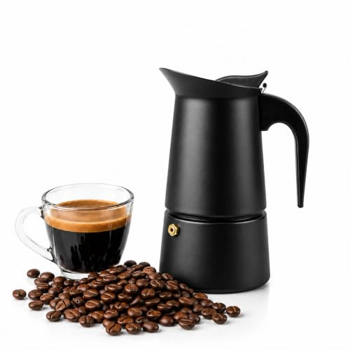 ROYAL SWISS Espressokocher Edelstahl 4 Tassen (200ml) – Sicherer Italienischer Espressozubereiter für Gas-, Elektro- & Induktionsherde, Hitzebeständiger Griff, Aromatischer Kaffee für Zuhause & Büro