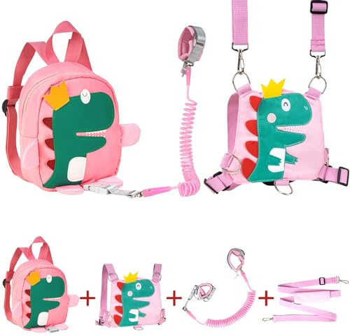 Funsland Kinder Leine, 4-in-1 Kinder Sicherheitsleine, Anti-verloren Kinderleine Handgelenk, Mini Rucksack Kinder, Laufgeschirr für Kinder, Kleinkinder Rucksack für baby 1 2 3 Jahr, Rosa