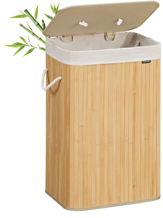 SONGMICS Wäschekorb mit Deckel, 72 Liter, Wäschesammler aus Bambus, faltbar, Wäschesack herausnehmbar und maschinenwaschbar, mit Griffen, für Waschküche, Schlafzimmer, naturfarben LCB10Y