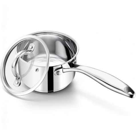 TEAMFAR 14cm Stielkasserolle, Edelstahl Kochtopf Klein mit Glasdeckel | Milchtopf Topf Induktion, 3-Lagen Boden für alle Herdarten, 0,9L Kasserolle Kochtopf für kleine Portionen, Spülmaschinenfest