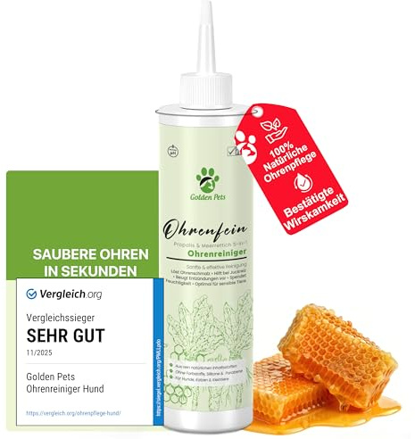 Golden Pets TESTURTEIL SEHR GUT Ohrenreiniger für Hunde & Katzen **VERGLEICHSSIEGER** 100% natürliche Ohrenspülung gegen Juckreiz, Entzündung & Ohrenschmalz I Ohrenpflege, 250ml