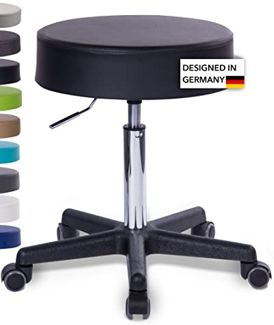 1stuff Profi Rollhocker Squash 40, Höhe 51-71cm, 40cm breit (Schwarz) | 1stuff-Qualität designed in Germany, Sitzhocker höhenverstellbar, Drehhocker 360°, Praxishocker, Arzthocker, PU-Rollen