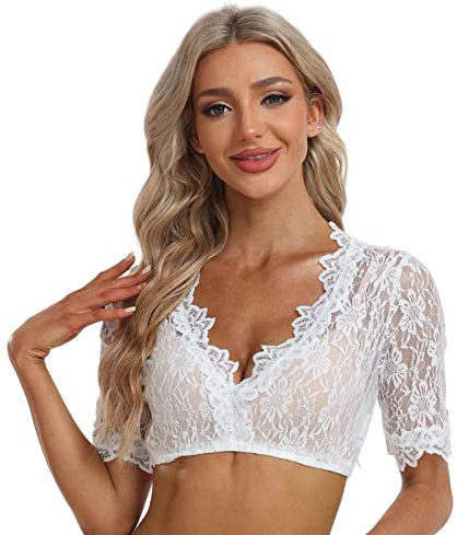 Jecarden Damen Dirndlbluse Spitze Trachten Dirndlbluse Kurzarm Oktoberfest Dirndlblusen Halbarm Tracht Bluse Weiß/Schwarz (34-48)