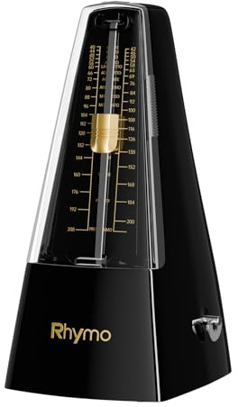 Rhymo Metronom Mechanisch mit Glocke, Aufgerüstetes Uhrwerk, 40-208 BPM, 4 Genaue Taktarten (2/4, 3/4, 4/4, 6/8) für Klavier, Gitarre & Schlagzeug (Schwarz)