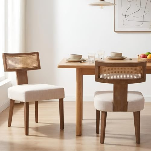 Ya-Home Esszimmerstühle Rattan 2er Set, Holzstühle Esszimmer, Beige | Gepolsterte Küchenstühle mit Rattan Rückenlehne, Sitzfläche aus Leinen, Essstühle Holz Akzentstühle für Esszimmer Wohnzimmer